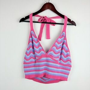 Women’s Wave Stripe Crochet Halter Top Pink Blue Colorway Hippie Boho XL 16 18